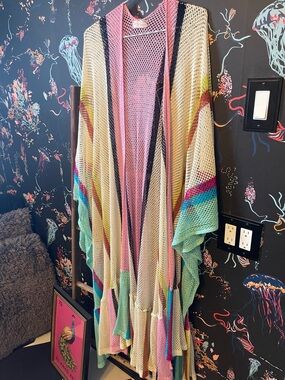 Mesh Open-Front Duster with Pastel Stripes